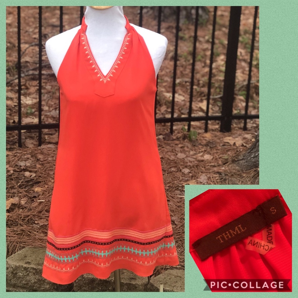 THML Coral Halter Shift Dress with Embroidered Hem